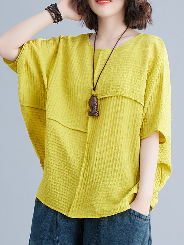 xakxx Batwing Sleeves Loose Solid Color Split-Joint Round-Neck T-Shirts Tops