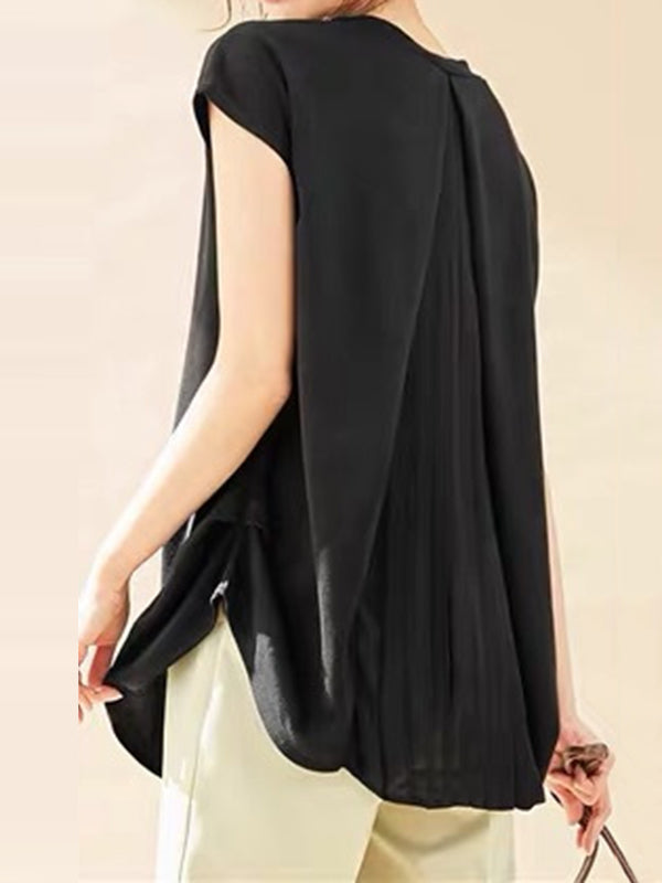 xakxx Loose Short Sleeves Back Pleated Solid Color Round-Neck T-Shirts Tops