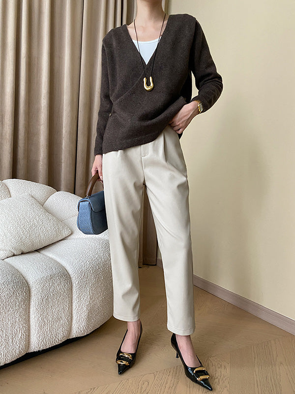 xakxx Long Sleeves Loose Asymmetric Buttoned V-neck Sweater Tops