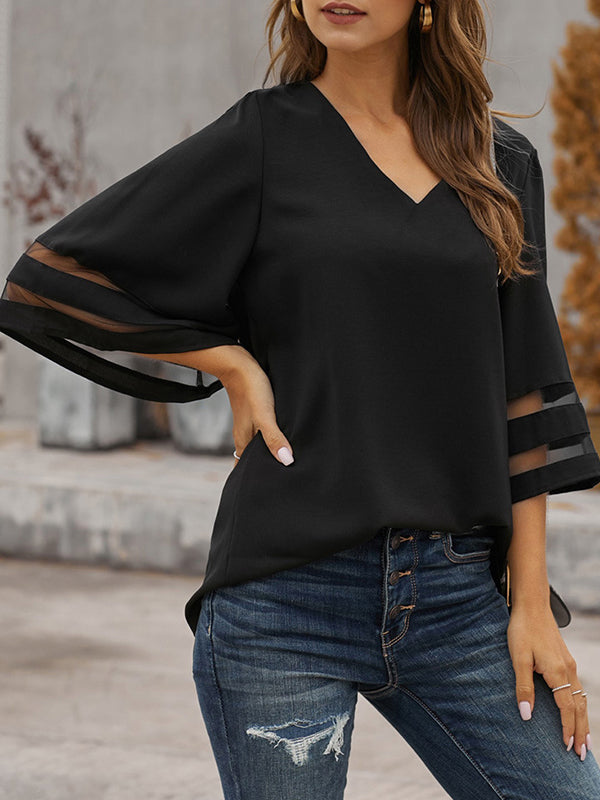 xakxx Loose Solid Color Split-Joint V-Neck T-Shirts Tops