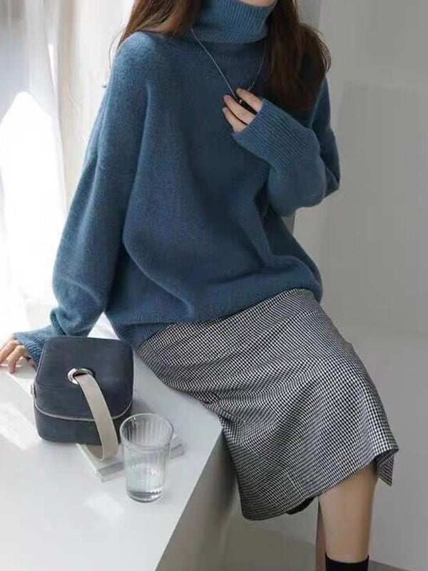 xakxx Casual Loose Long Sleeves Solid Color High-Neck Sweater Tops