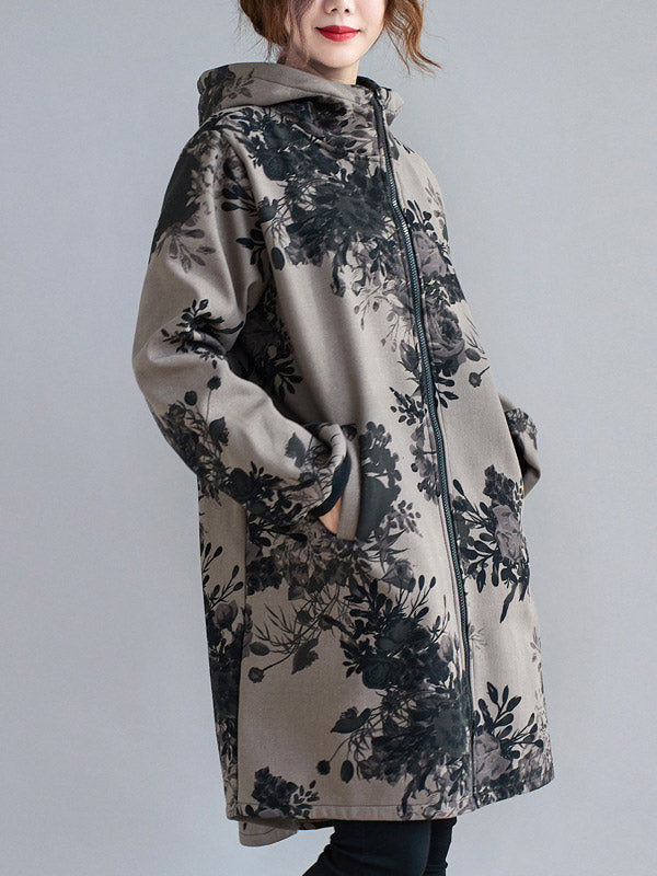 xakxx Artistic Retro Loose Floral Printed Hooded Long Sleeves Outwear