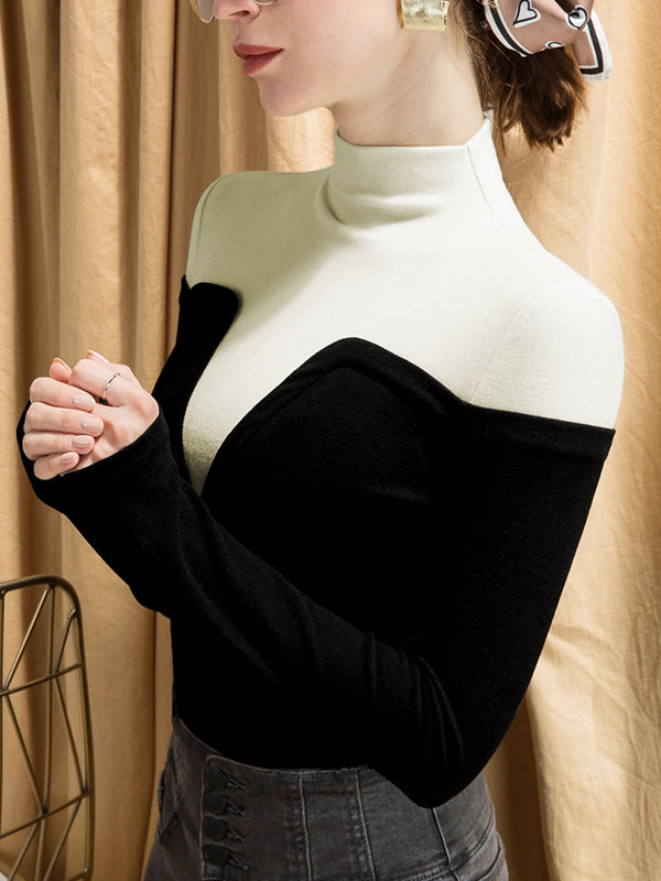 xakxx Vintage Contrast Color High-Neck Long Sleeves Pullover