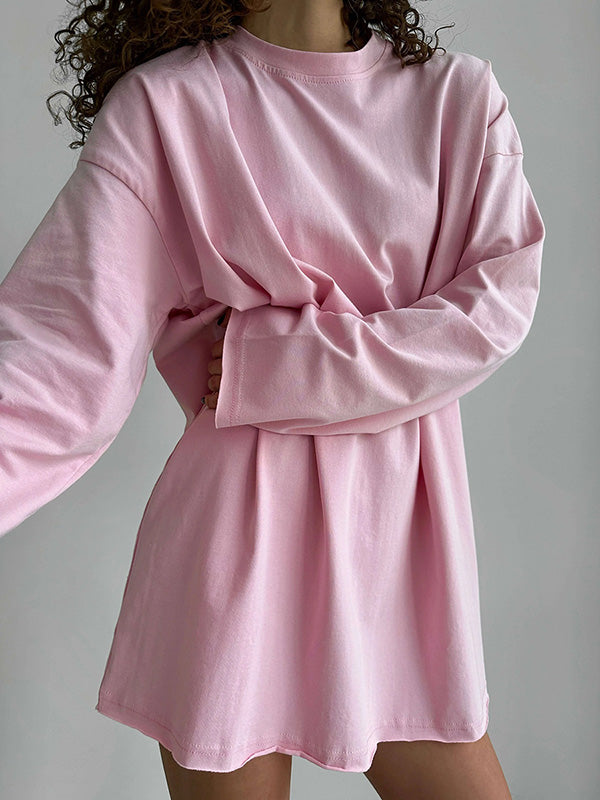 xakxx Long Sleeves Loose Solid Color Round-Neck T-Shirts Tops