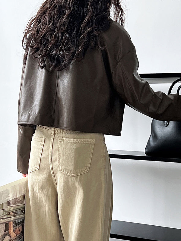 xakxx Long Sleeves Loose Solid Color Zipper Lapel Collar Jackets&Coats Outerwear