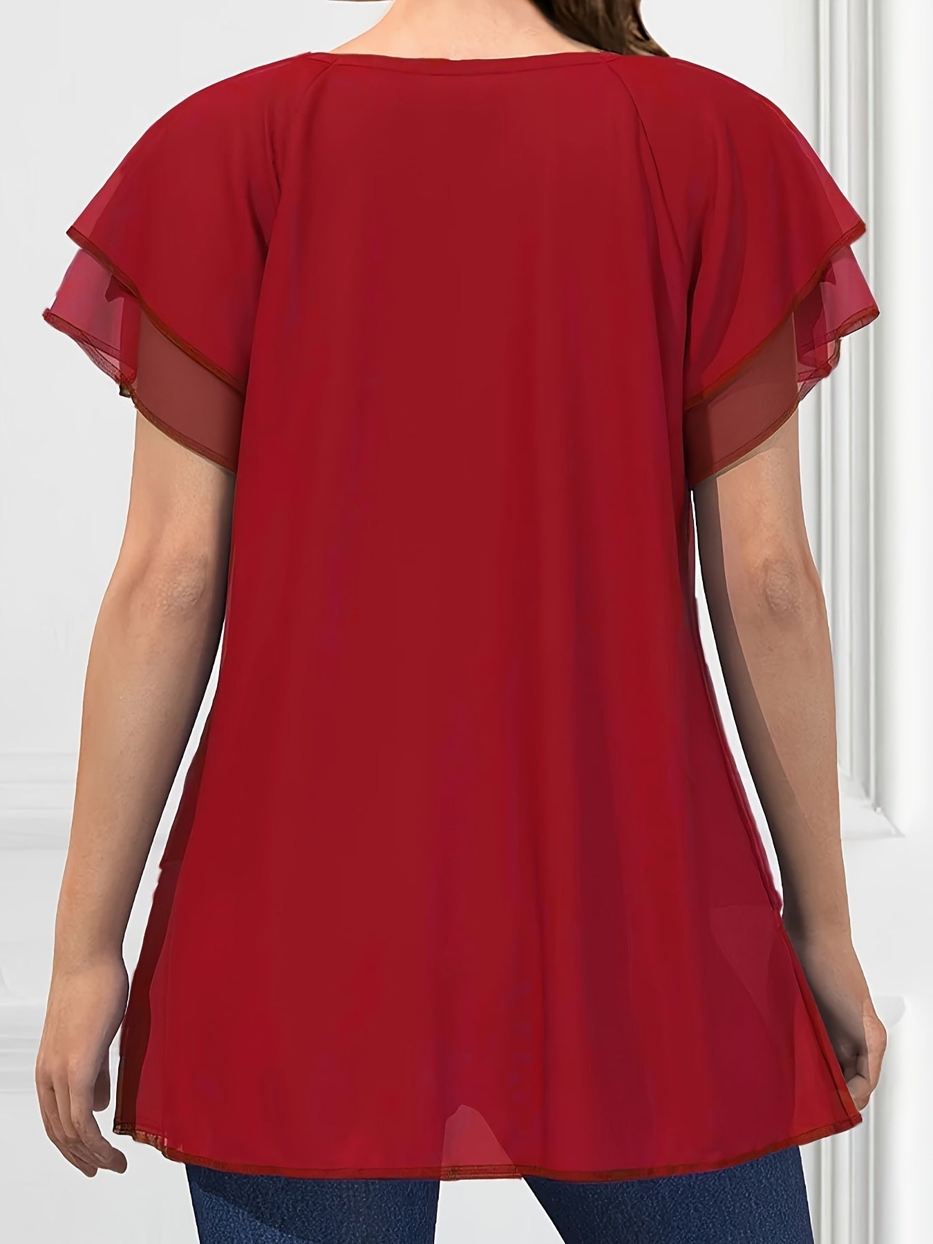 Vibrant Color Crew Neck Blouse - Ruffled Sleeve, Layered, Casual, Spring & Summer Essential - Women's Clothing for Everyday Wear