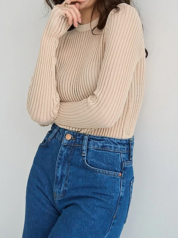 xakxx Long Sleeves Skinny See-Through Split-Joint Round-Neck T-Shirts