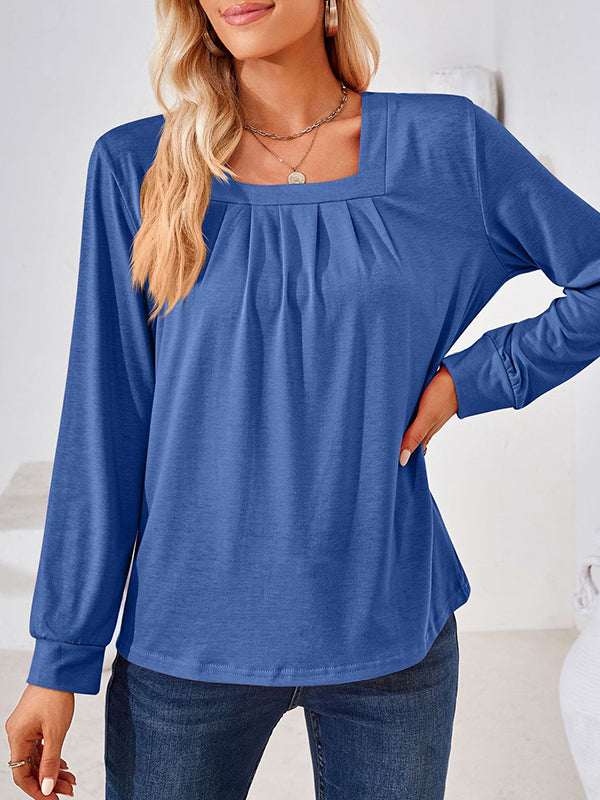 xakxx Long Sleeves Loose Pleated Solid Color Square-Neck T-Shirts Tops