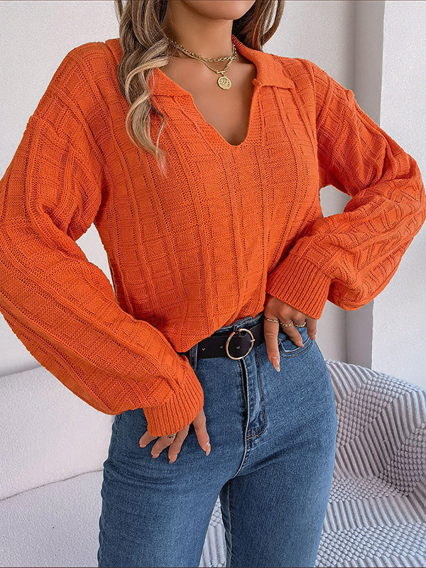 xakxx Long Sleeves Loose Solid Color Lapel Pullovers Sweater Tops