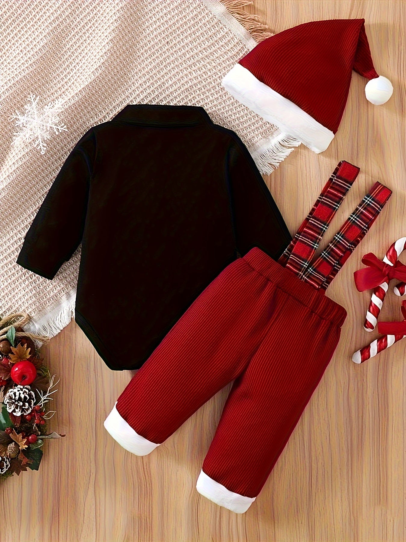 Targeted Development Of 3pcs Christmas Baby Boy Button Open Chest Decoration Bow Tie Long Sleeved Jumpsuit&waffle Fur Patchwork Shoulder Strap Pants&Christmas Hat Set