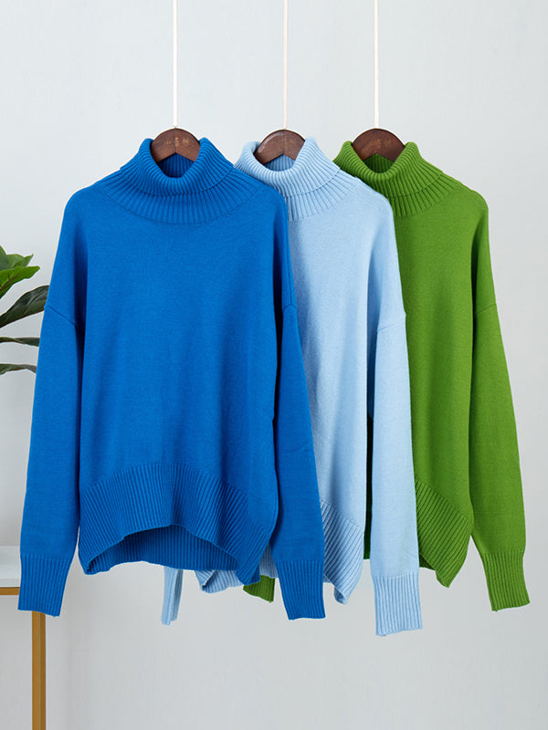 xakxx Long Sleeves Loose Solid Color High Neck Knitwear Pullovers Sweater Tops