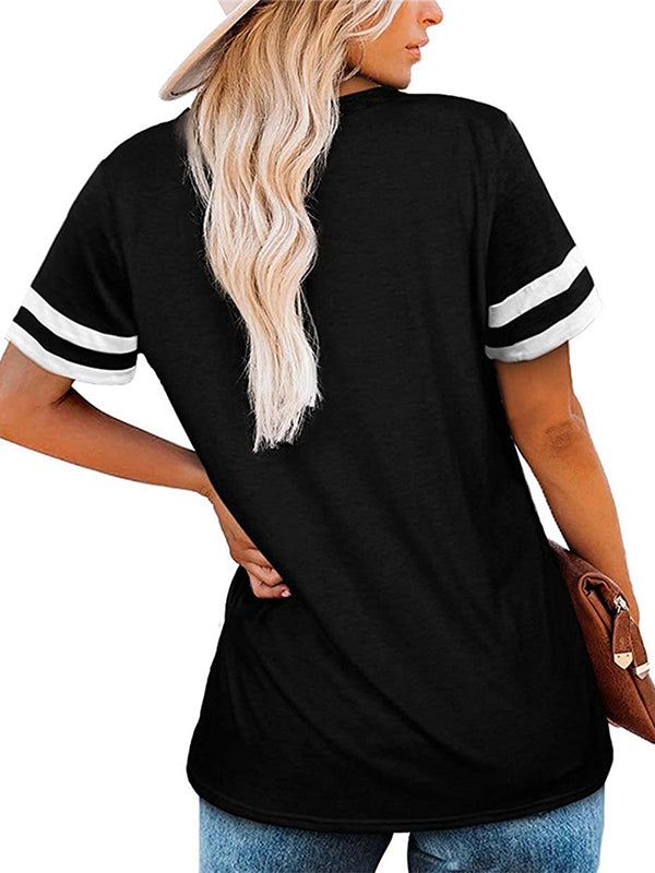 xakxx Loose Short Sleeves Contrast Color Striped V-Neck T-Shirts