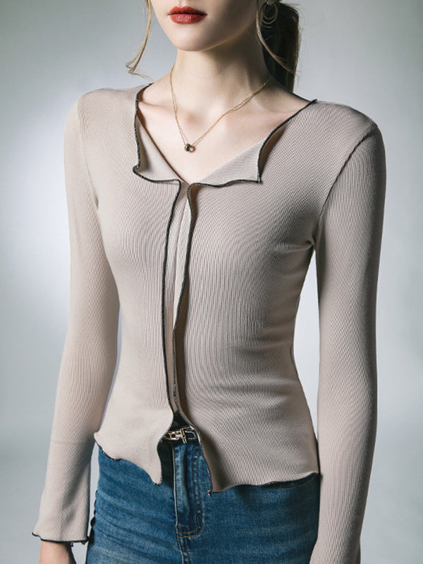 xakxx Long Sleeves Skinny Split-Front Lapel T-Shirts Tops