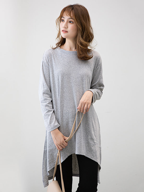 xakxx Casual High-Low Long Sleeves Solid Color Round-Neck T-Shirts Tops