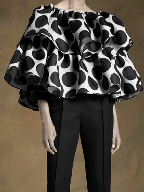 xakxx Trendy Tops Loose Tiered Falbala Polka Dot Blouses&Shirts Tops