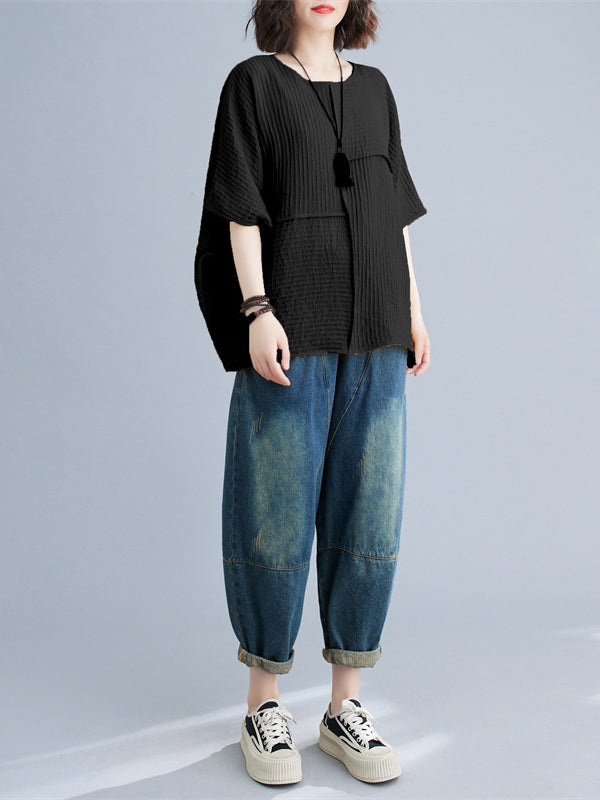 xakxx Batwing Sleeves Loose Solid Color Split-Joint Round-Neck T-Shirts Tops