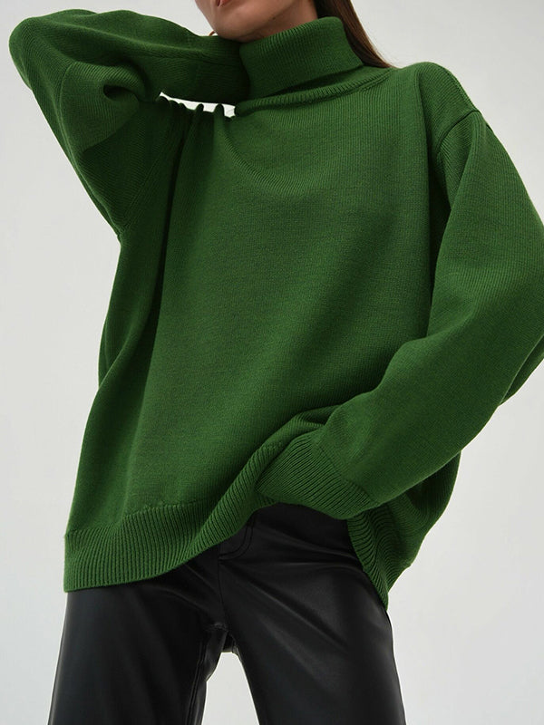 xakxx Long Sleeves Loose Solid Color High Neck Knitwear Pullovers Sweater Tops