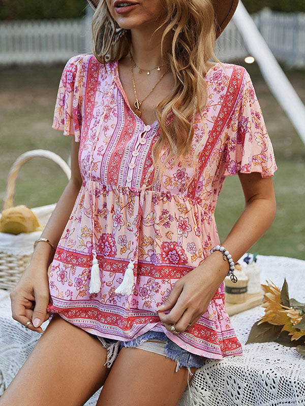 xakxx Loose Short Sleeves Buttoned Flower Print Split-Joint Tasseled Tied V-Neck T-Shirts Tops