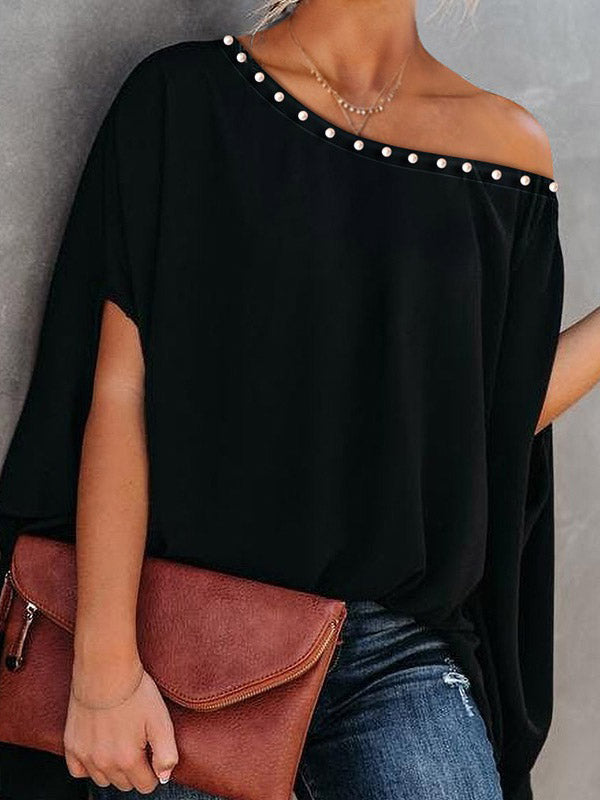 xakxx Loose Raglan Sleeve Beaded One-Shoulder T-Shirts Tops