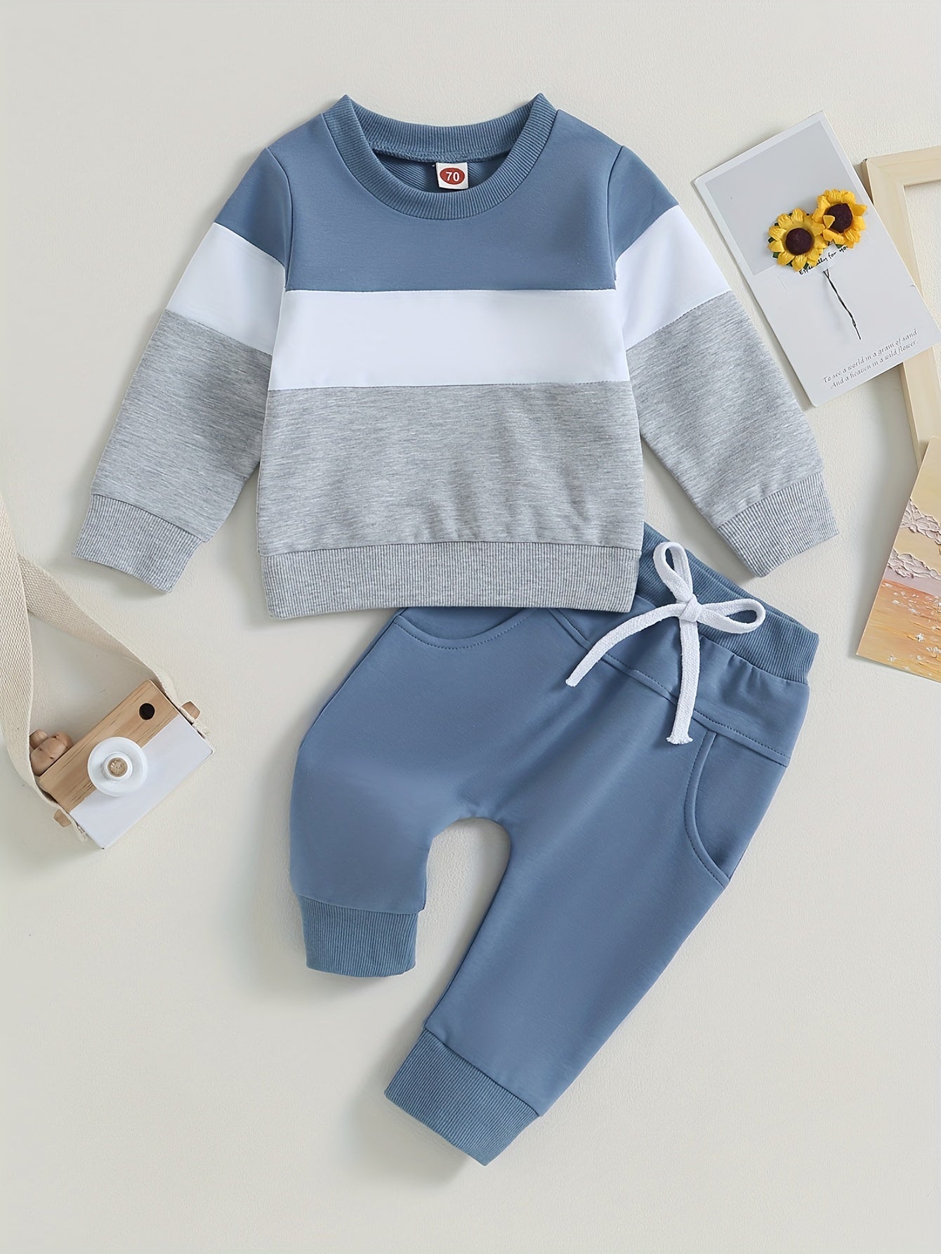 Baby Boys Spring 2 Piece Outfits Contrast Color Long Sleeve Sweatshirt and Elastic Pants for Toddler Fall Clothes