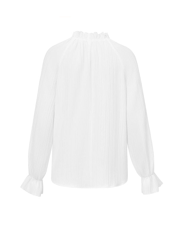 xakxx Long Sleeves Ruffle Sleeves Elasticity Ruffled Solid Color Mock Neck T-Shirts Tops