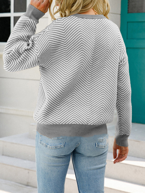 xakxx Long Sleeves Loose Striped Round-Neck Knitwear Pullovers Sweater Tops