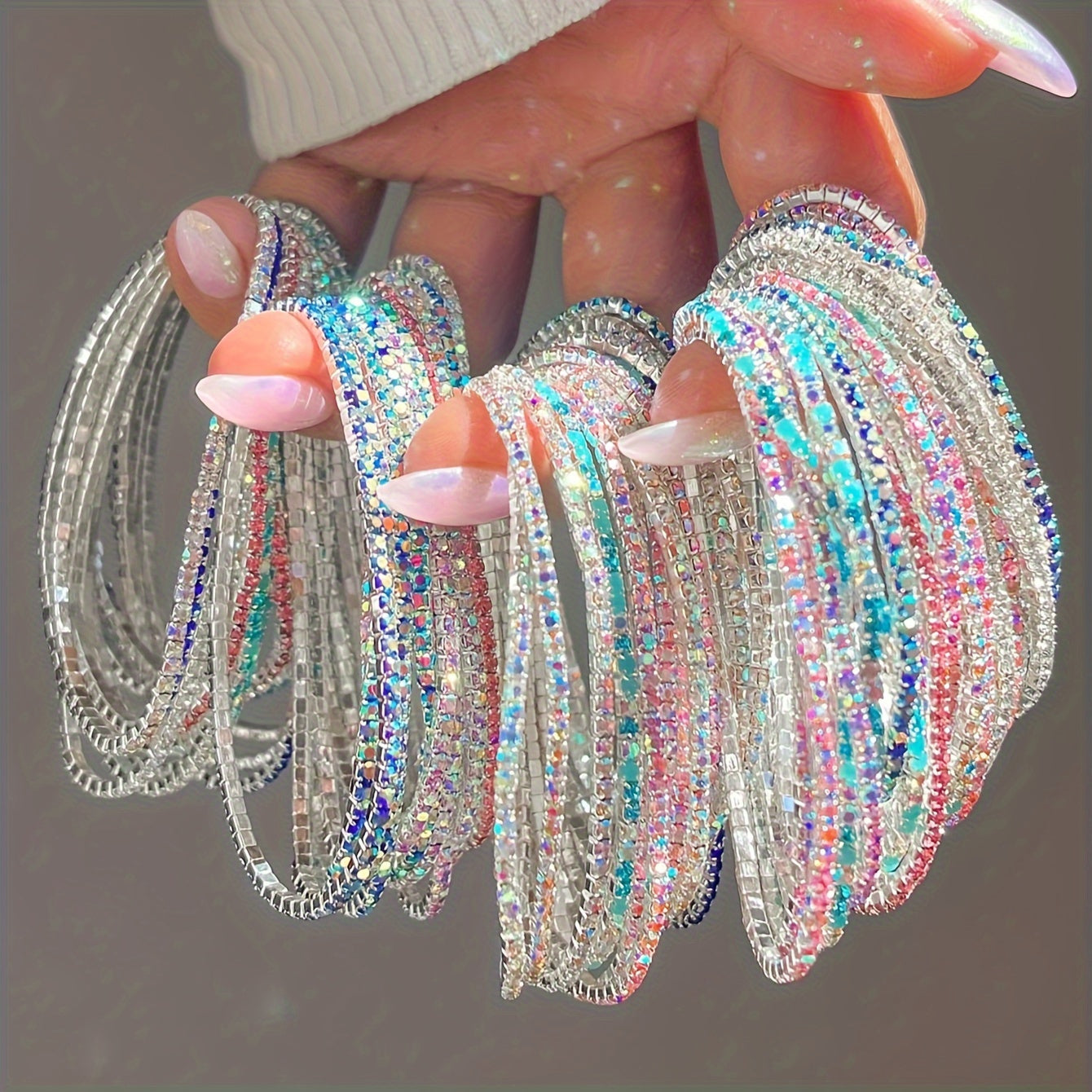 5pcs Fashion Dopamine Delight - Multi-Color Rhinestone Stretch Bracelets Set - Dazzling Elastic Wristbands for Parties, Holidays, Dates & Everyday Glam - Adjustable, Comfort-Fit, Assorted Colors Gift Idea