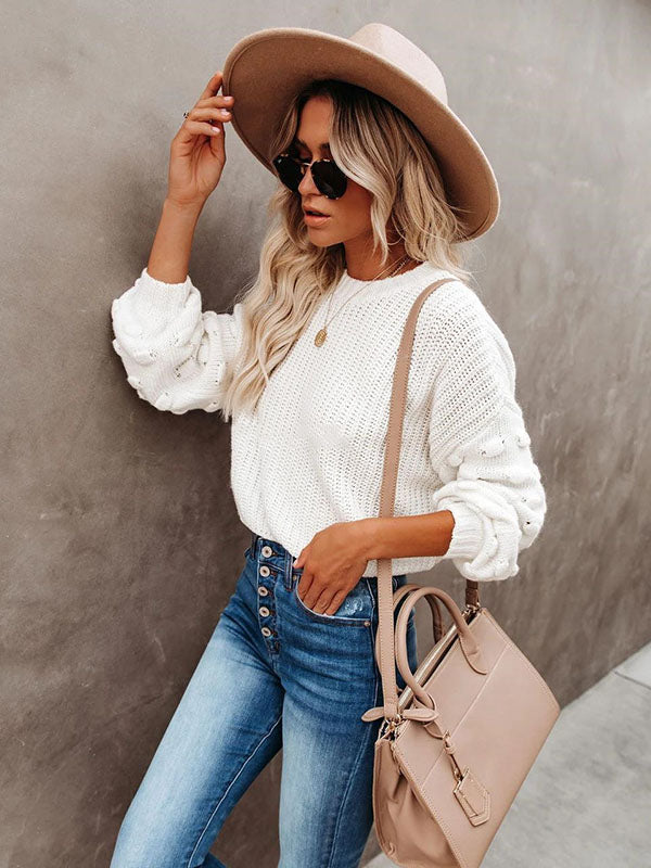 xakxx Trendy Tops Puff Sleeves Loose Solid Color Round-Neck Sweater Tops