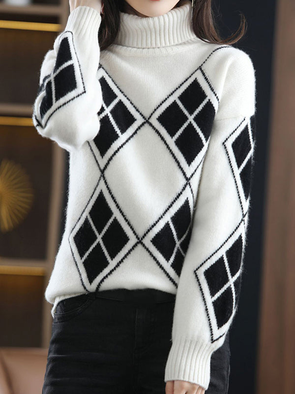 xakxx Casual Long Sleeves Loose Plaid High-Neck Sweater Tops