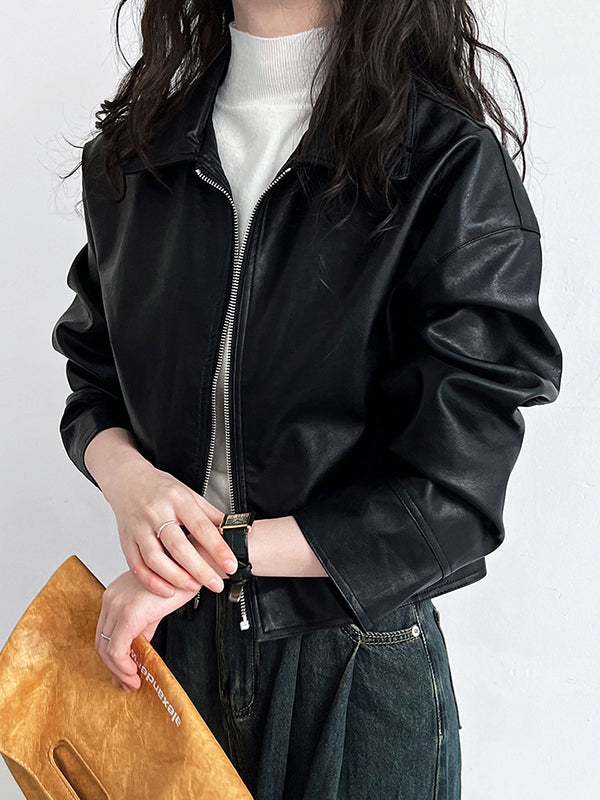 xakxx Long Sleeves Loose Solid Color Zipper Lapel Collar Jackets&Coats Outerwear