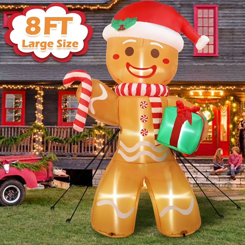 8FT Polyester Freestanding LED Lighted Inflatable Gingerbread Man Outdoor Decoration, Weather-Resistant Plug-Powered Yard Decor with US Plug for Christmas, Thanksgiving, Weddings, and More (110V-240V)