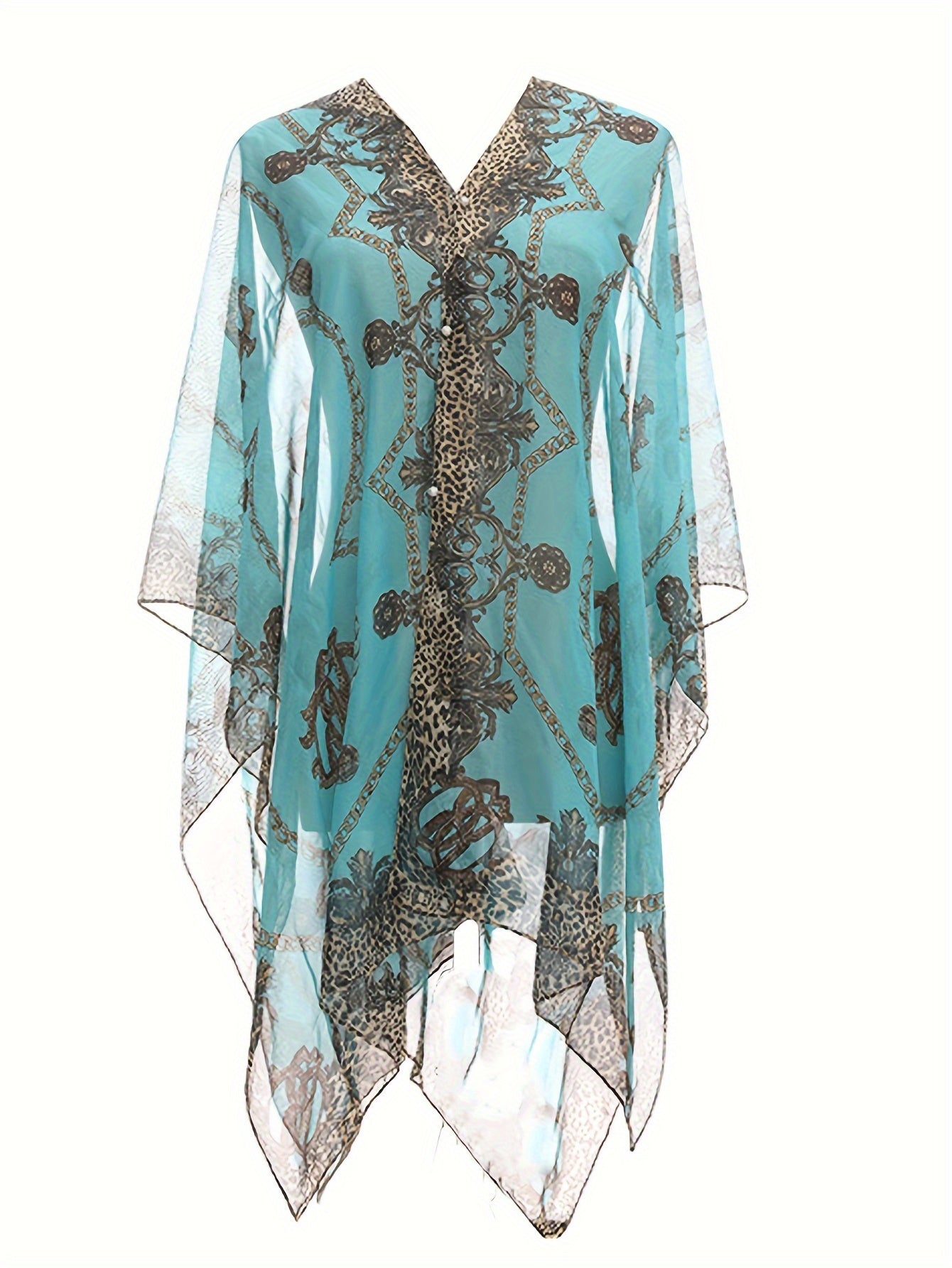 Plus Size Elegant V Neck Shawl Top - Long Sleeve, Semi-Sheer, Positioning Printed, Middle East Style, Woven Polyester Blouse for Spring, Summer, and Fall - Chic Womens Clothing for Curvy Figures