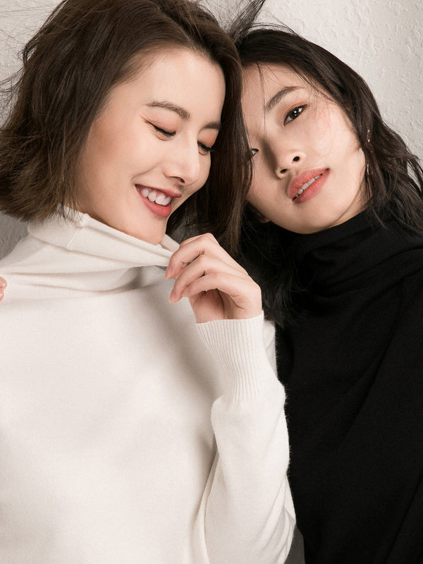 xakxx Simple Loose Long Sleeves Solid Color High-Neck Sweater Tops