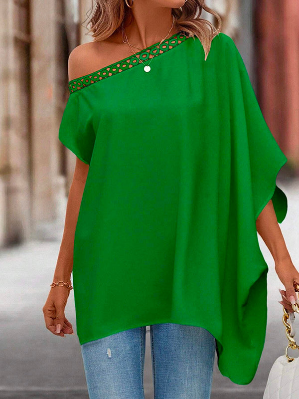 xakxx Batwing Sleeves Asymmetric Hollow Solid Color One-Shoulder Blouses&Shirts Tops