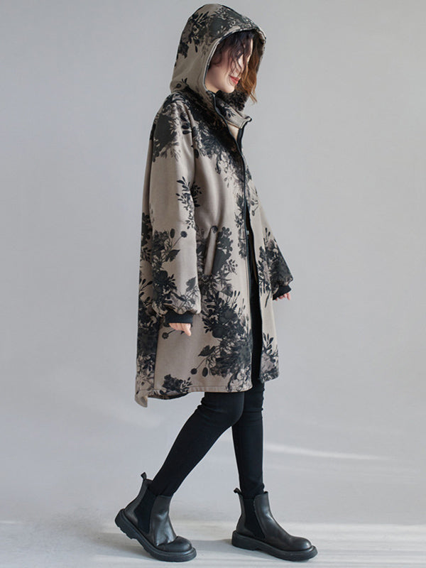 xakxx Artistic Retro Loose Floral Printed Hooded Long Sleeves Outwear