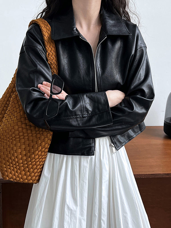 xakxx Long Sleeves Loose Solid Color Zipper Lapel Collar Jackets&Coats Outerwear