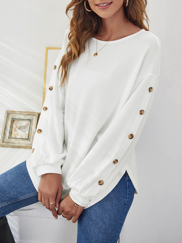 xakxx Simple Loose Long Sleeves Solid Color Round-Neck T-Shirts Tops