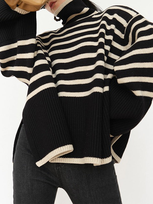 xakxx Long Sleeves Loose Contrast Color Split-Joint Split-Side Striped High Neck Sweater Tops