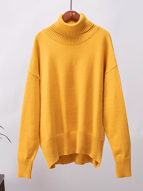 xakxx Long Sleeves Loose Solid Color High Neck Knitwear Pullovers Sweater Tops