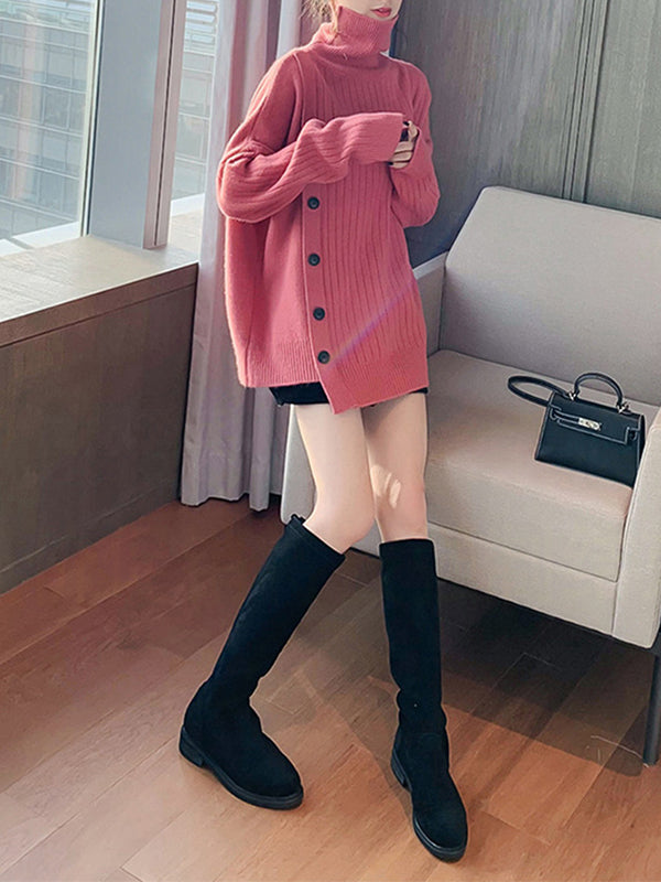 xakxx High-Low Long Sleeves Asymmetric Buttoned High-Neck Knitwear Pullovers Sweater Tops