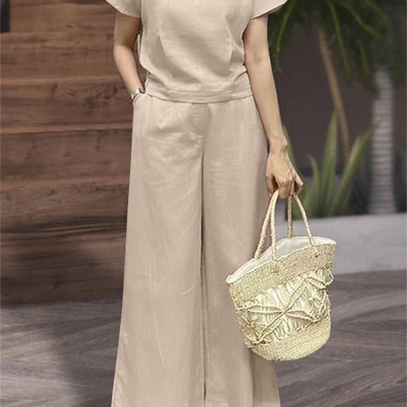 Lightweight & Stylish Womens Two-Piece Outfit - Loose Fit Solid Color T-Shirt with Crew Neck & Dual Pocket Pants - Perfect Casual Clothing Set for Everyday Fashion