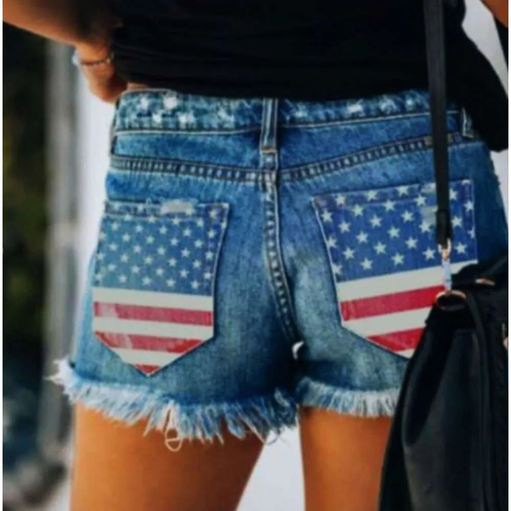 American Flag Printed Burr Edge Distressed Tassel Denim Shorts for Women's Hot Pants