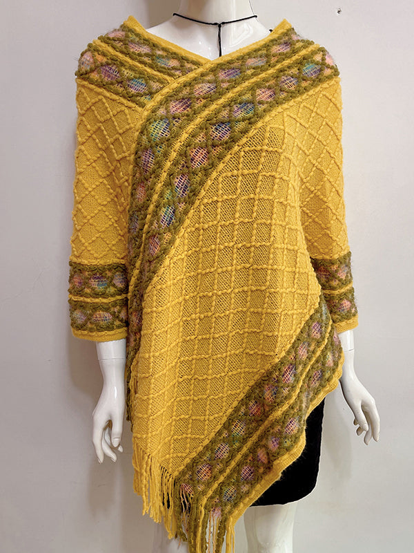 xakxx Loose Asymmetric Tasseled V-Neck Cape Shawl&Cloak