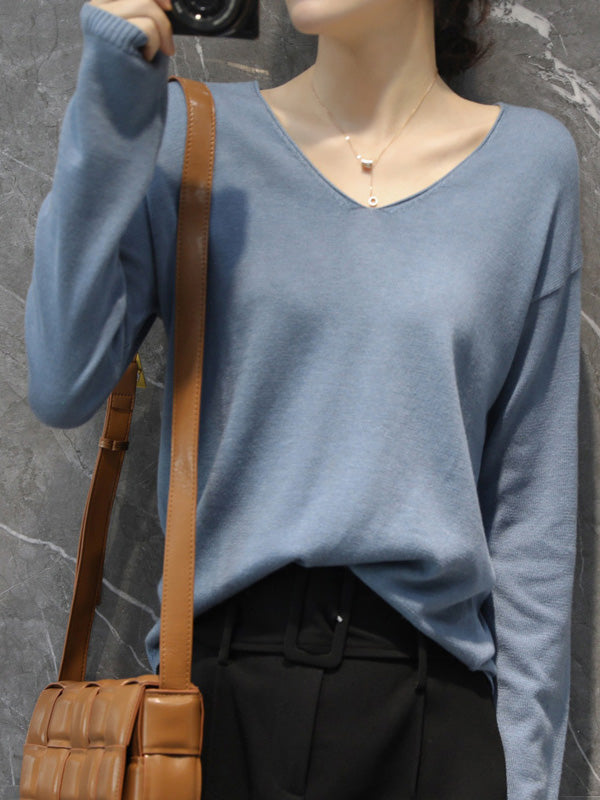xakxx Simple Solid Color V-Neck Long Sleeve Knitwear Tops
