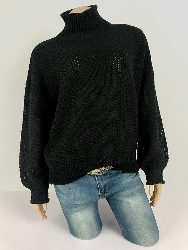 xakxx Casual Long Sleeves Solid Color High-Neck Sweater Tops