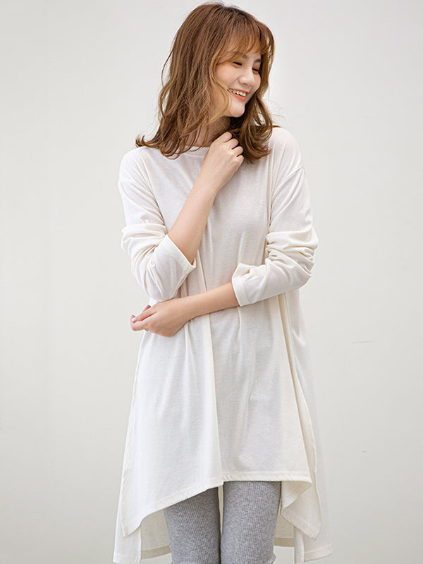 xakxx Casual High-Low Long Sleeves Solid Color Round-Neck T-Shirts Tops