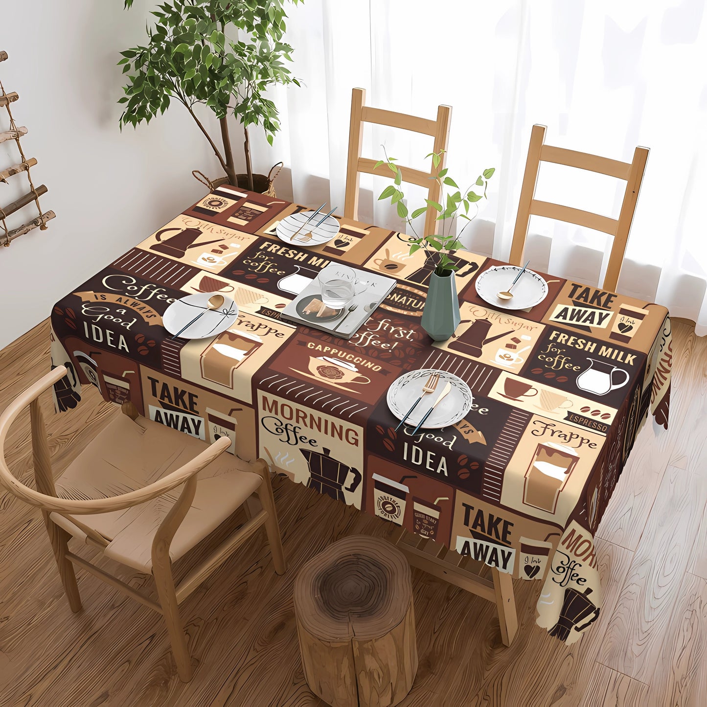 1pc Vintage Coffee Pattern Tablecloth - Stain Resistant, Waterproof, Edge Embossing Craft, No Pleated, Printed Table Cover for Home Decor, Easy to Clean, and Durable