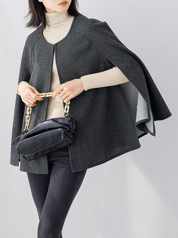 xakxx Casual Loose Solid Color Round-Neck Cape Outerwear