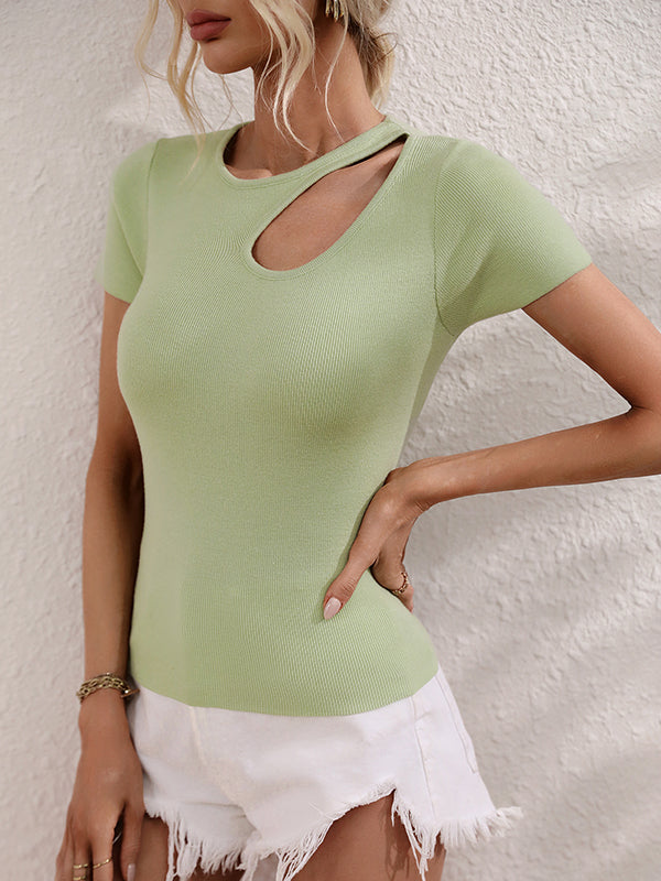 xakxx Short Sleeves Skinny Asymmetric Hollow Solid Color Round-neck T-Shirts Tops
