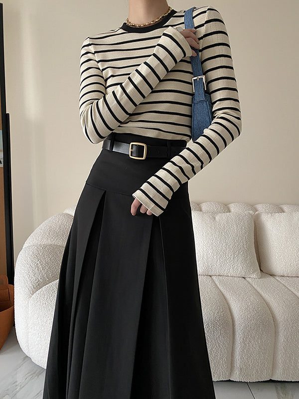xakxx Long Sleeves Skinny Contrast Color Striped Round-Neck T-Shirts Tops